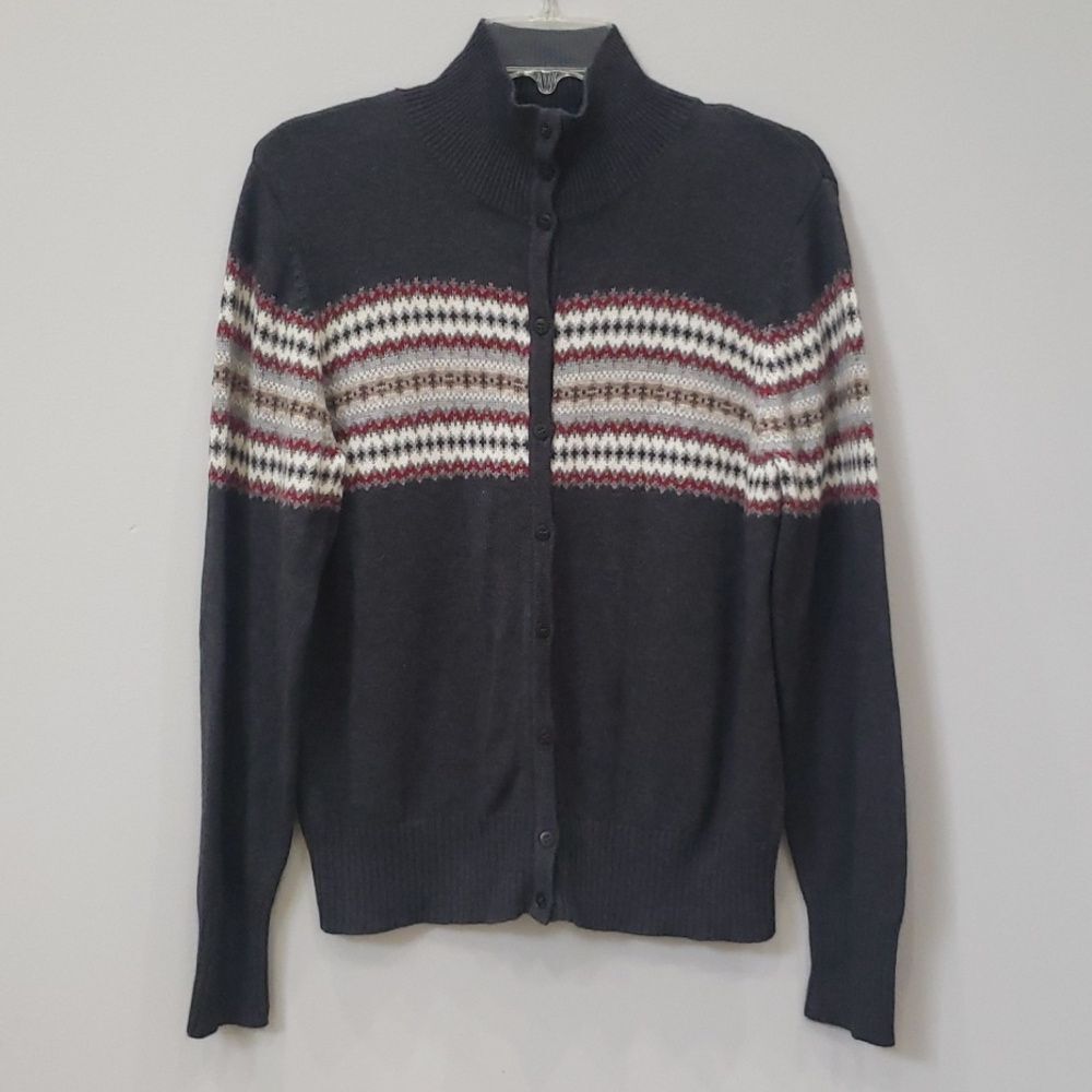 Vtg Eddie Bauer Collectible Fair Isle Cardigan Womens sz XL Mock Cotton Angora